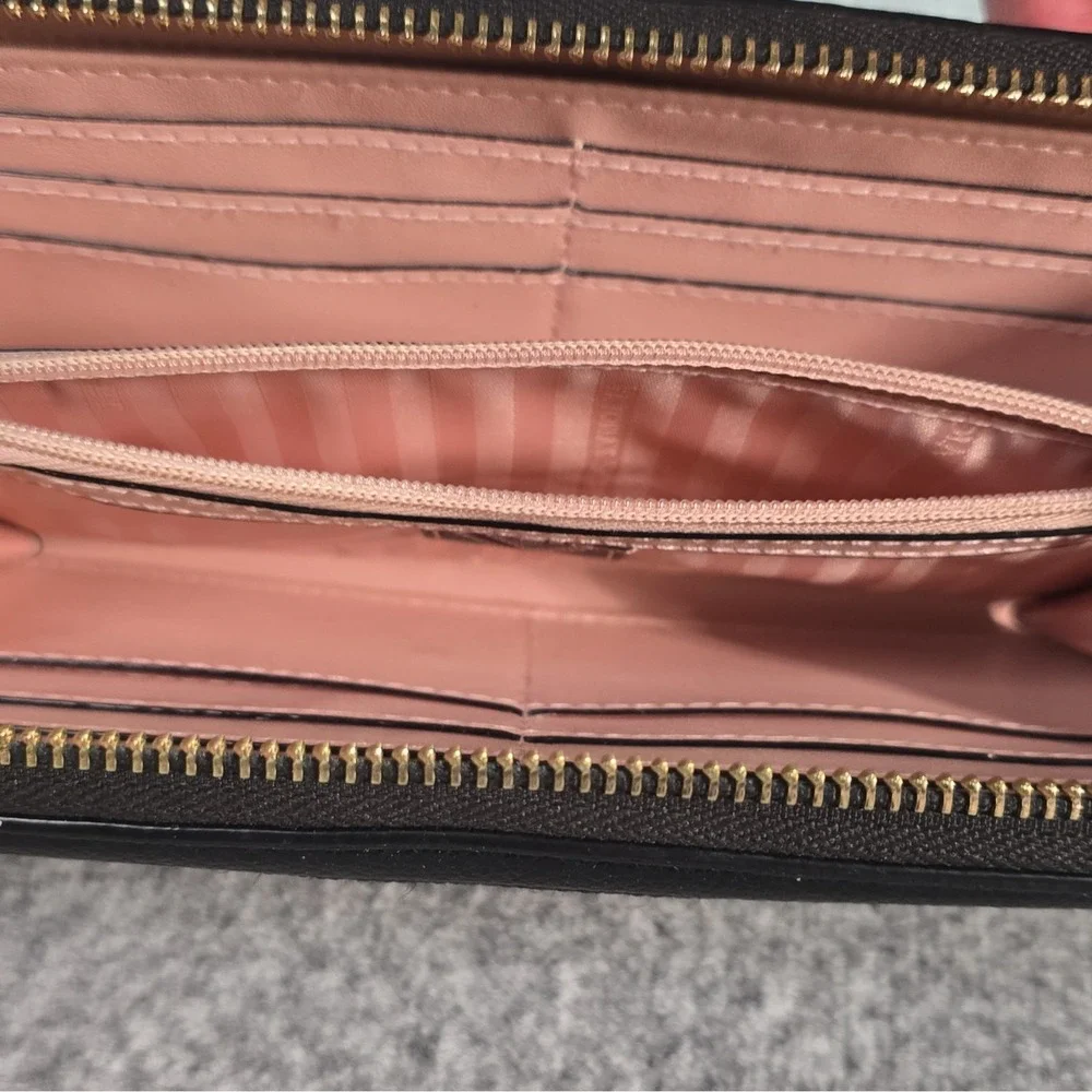 Women's Black Quilted Zip-Around Wallet Logo Accent Pink Interior Credit Card